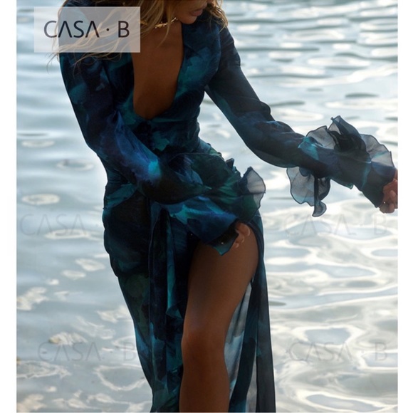 NEW to CASA B!💫| The Lumina Floral Deep V Frill Sleeve Maxi Dress in Azure - Picture 2 of 9
